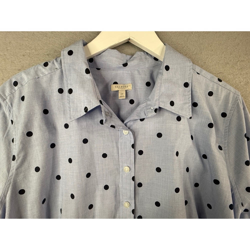 Talbots Button Down Top Womens 2X Blue Polka Dot Long Sleeve Cotton - Picture 2 of 7